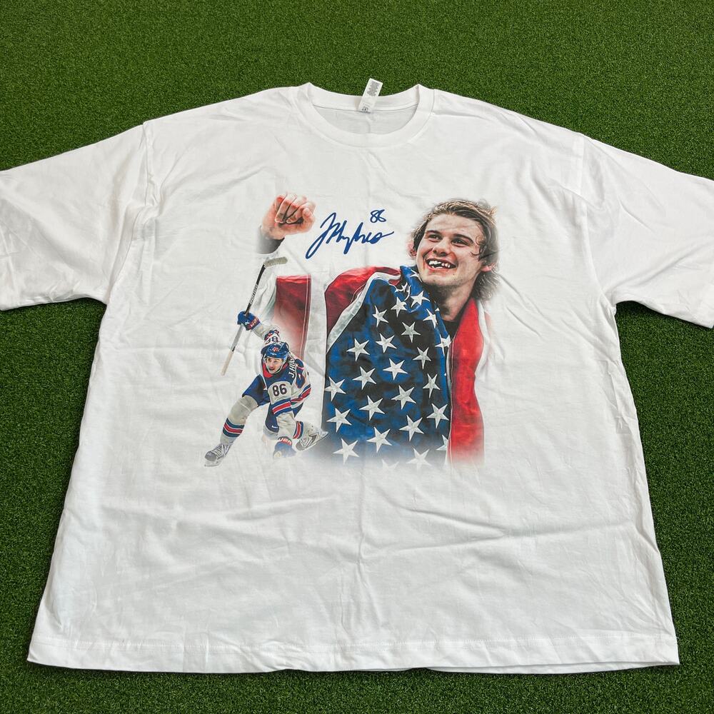 AS Colour Block Oversized Jack Hughes USA NHL Hockey White T-Shirt Sz L
